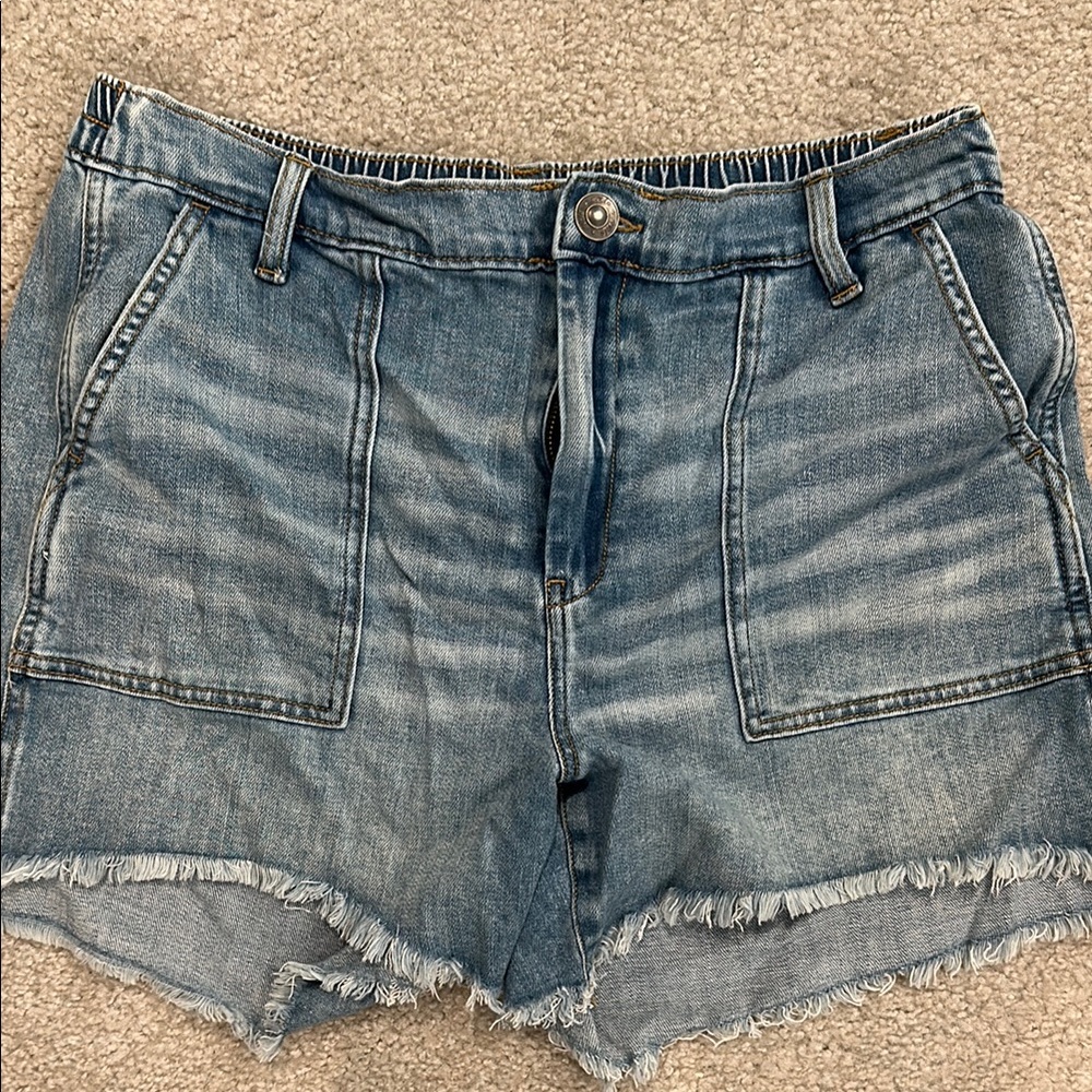 Aerie Elastic Waist Jean Shorts with Frayed Hem and Faded Finish